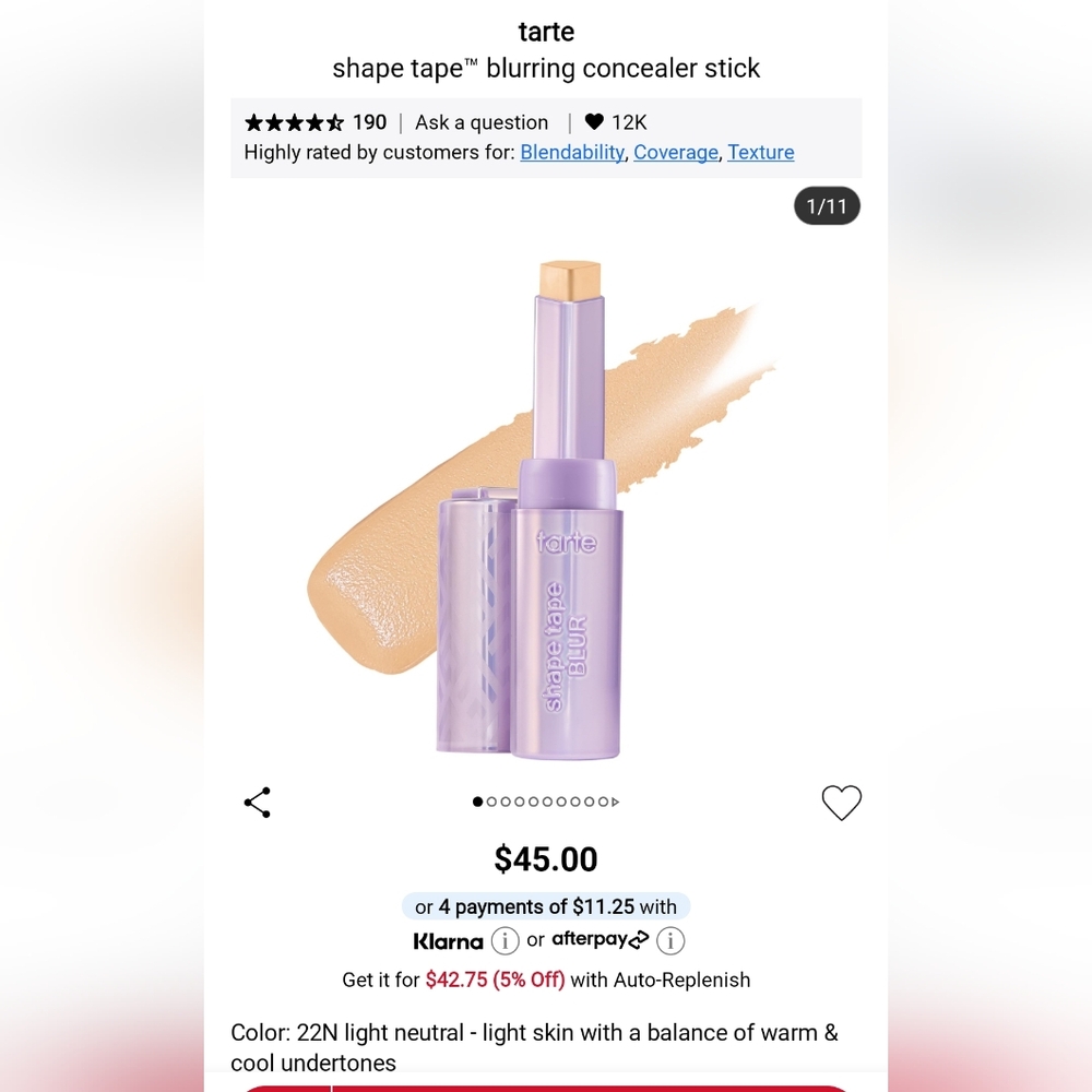 tarte Shape Tape Blur Stick Concealer - Shade N22